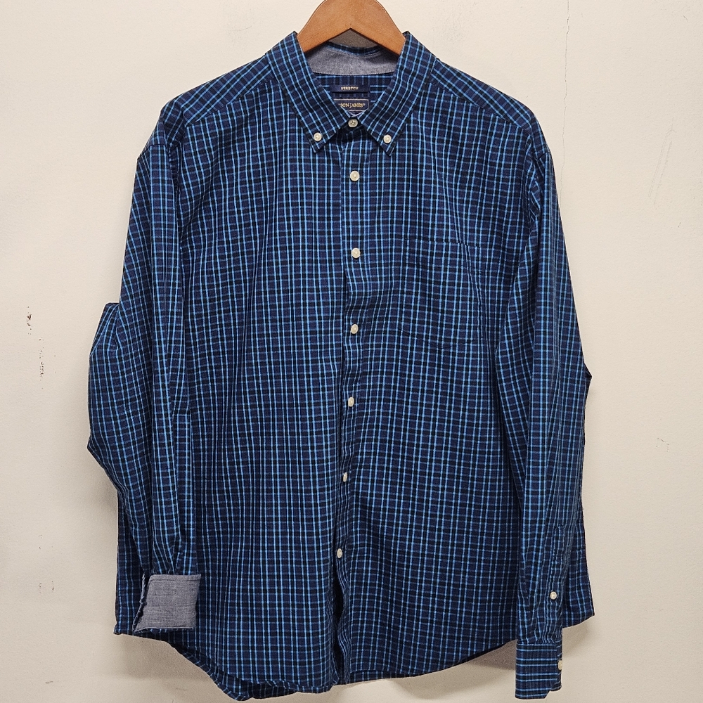Mason James Stretch Long Sleeve Shirt Button Down Blue Check Plaid Mens XL